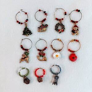 Lot of 11 Candle Rings for tapers w/ Charms - Christmas, Floral, wine